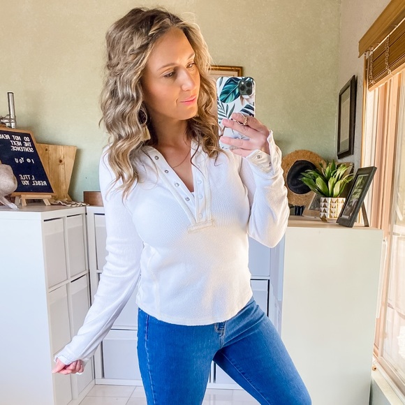 Free People Tops - Free People Snap V-Neck Long Sleeves Thermal Cream